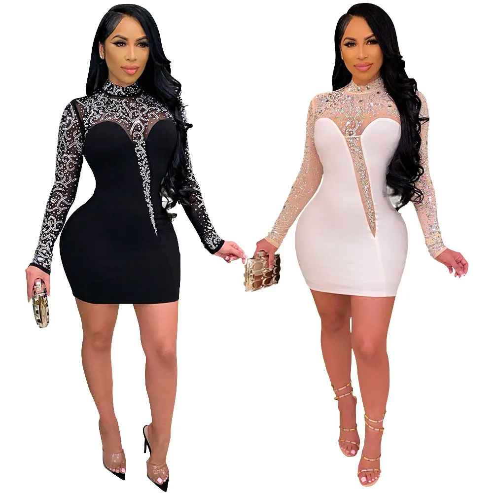 

21215-SW29 night hot drilling See-through sexy club dresses 2021 women sehe fashion, 2 colors