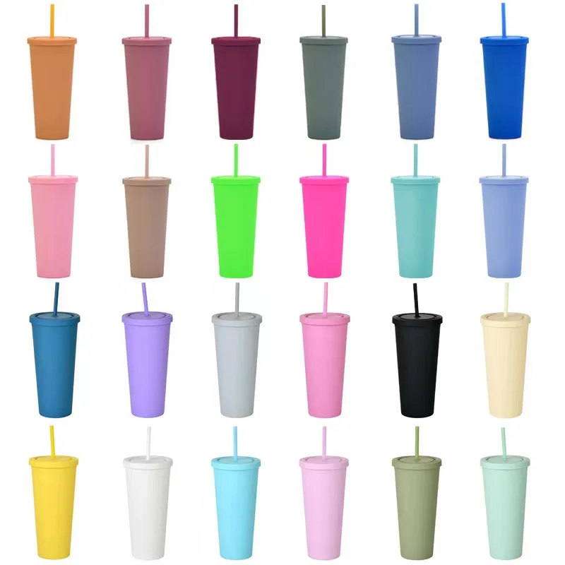 

Hot selling 24 oz Tumbler Plastic Cup With Lid And Straw Double Wall Reusable Bubble Tea Custom Plastic Cups
