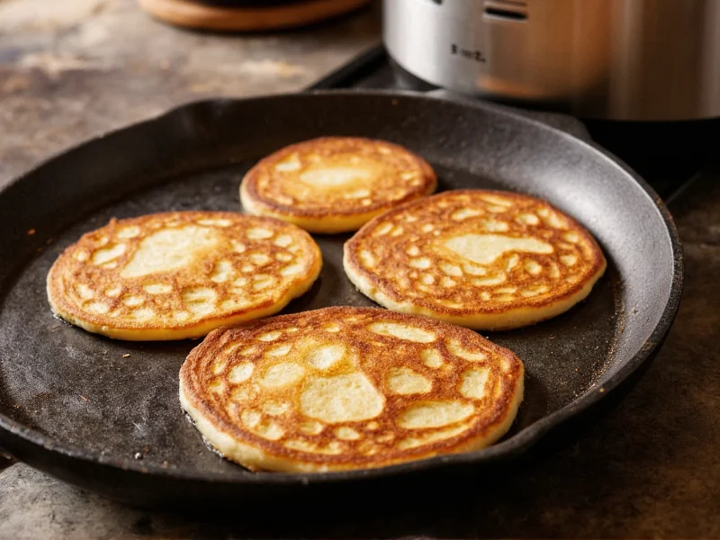 Perfectly round fluffy pancakes on cast iron griddle