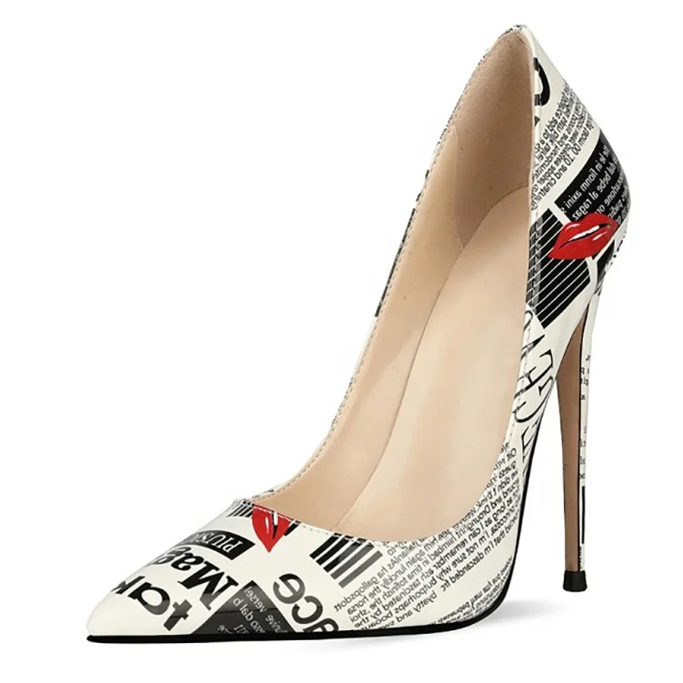 

Autumn Single Shoes Thin High Heel Women Sexy Pointed Toe Women Shoes Graffiti Patchwork Women Dress Shoes Letter 3DPrints Pumps, White