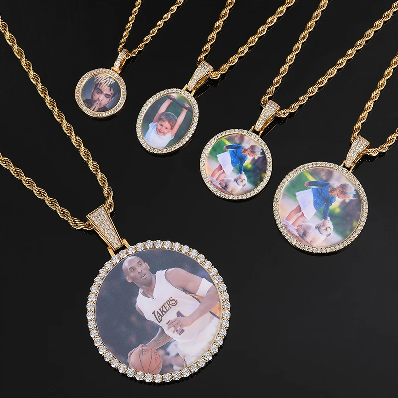 

Personalized Hip Hop Jewelry Iced Out Memorial Medallions Round Picture Memory Pendant Zircon moissanite Photo frame Pendant