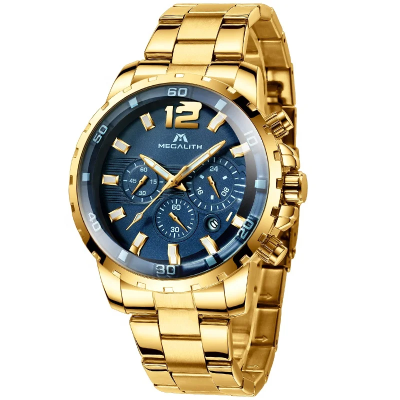 

Megalith 2020 hot fashion golden stainless steel band watch date display luminous analog digital business quartz watch for men