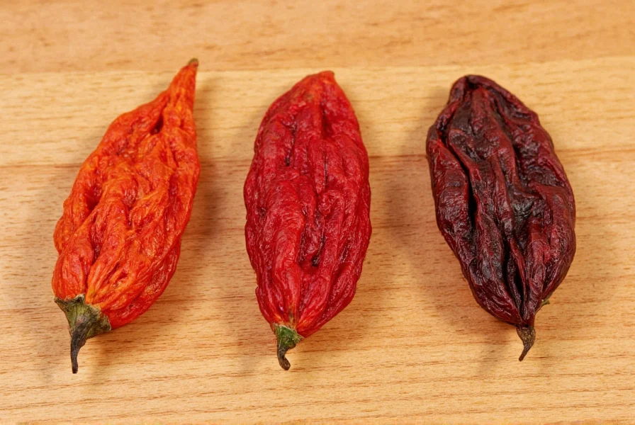 Close-up comparison of common dried chili pepper varieties including ancho, guajillo, and arbol on wooden cutting board