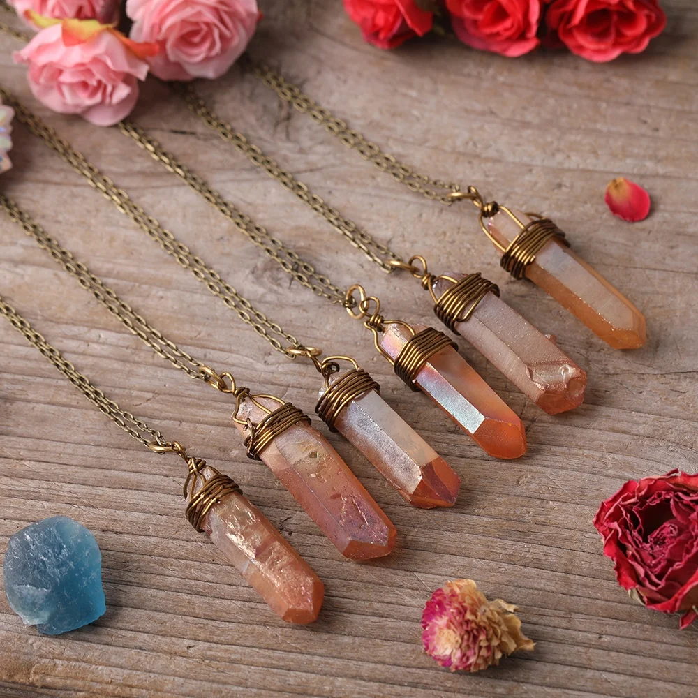 

Natural Crystal Quartz Point Antique Bronze Wire Wrapped Chain Necklace