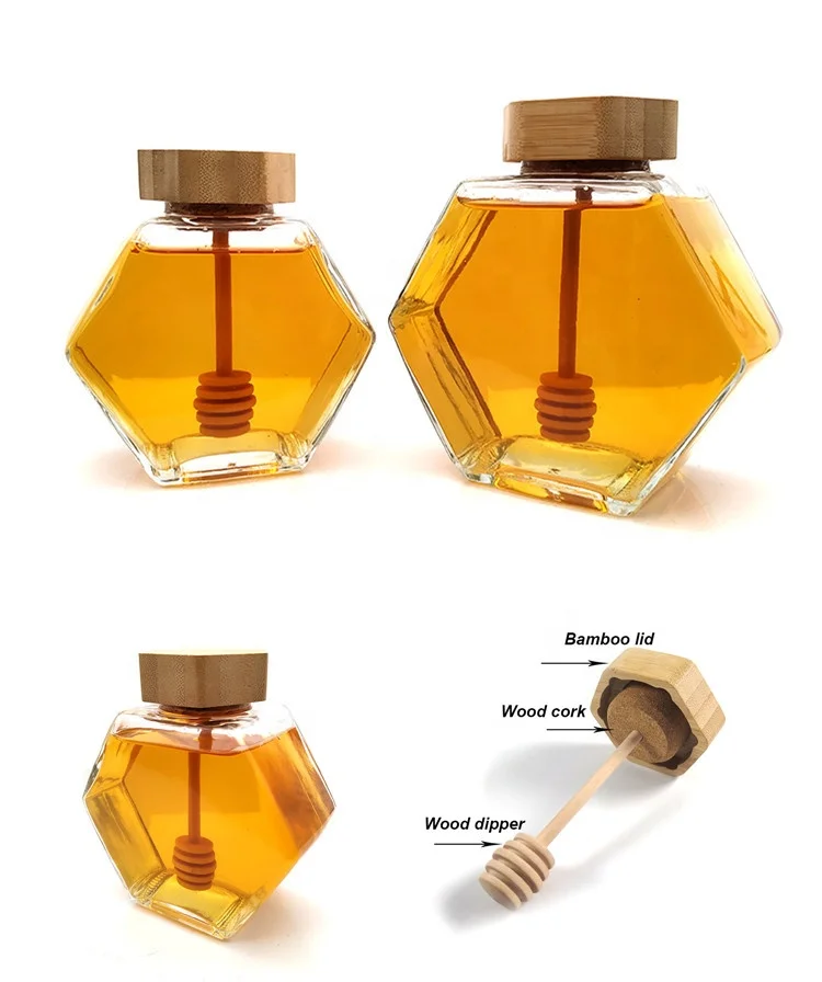 

High quality luxury hexagon empty glass honey jar with dipper & bamboo lid, Clear