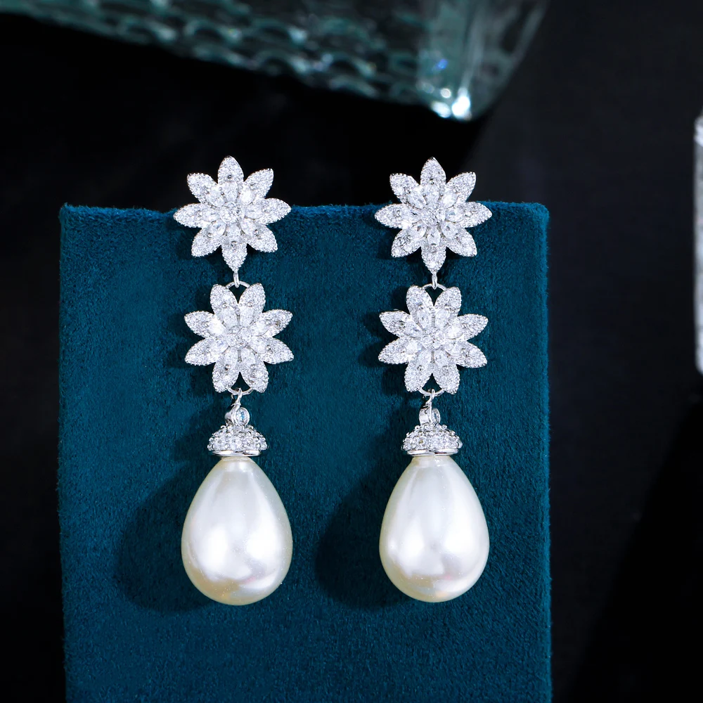 Elegant Chic Cubic Zirconia Stone Cluster Flower Dangle Drop Long Pearl Earrings for Women Wedding Pageant Jewelry Accessory
