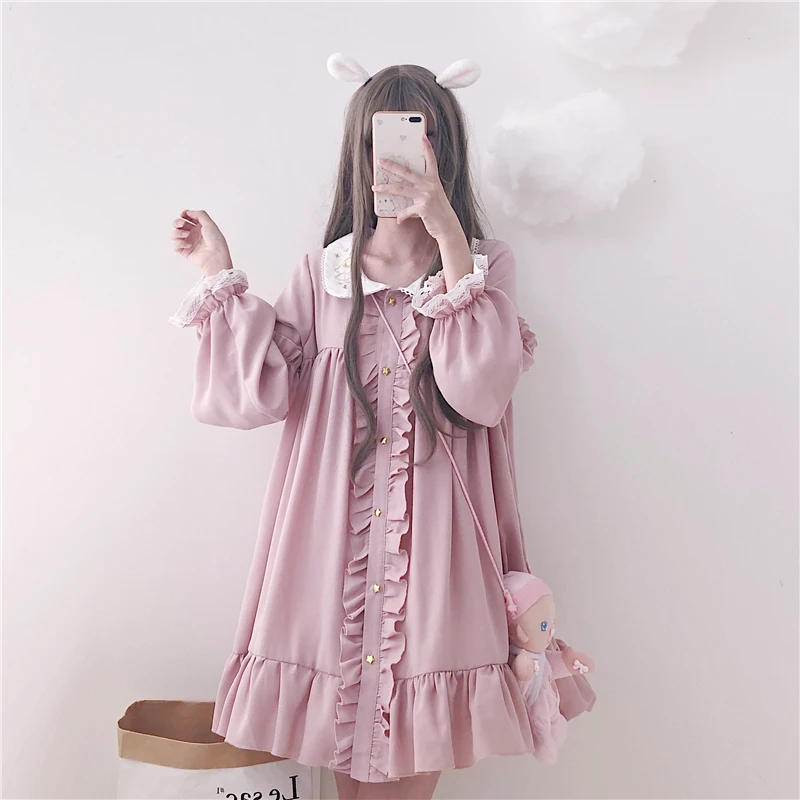 

2021 Summer Dress Women Pink Ladies Ruffle Lace Patch Kawaii Dresses Lolita Cosplay Sweet Cute dresses, Picture color