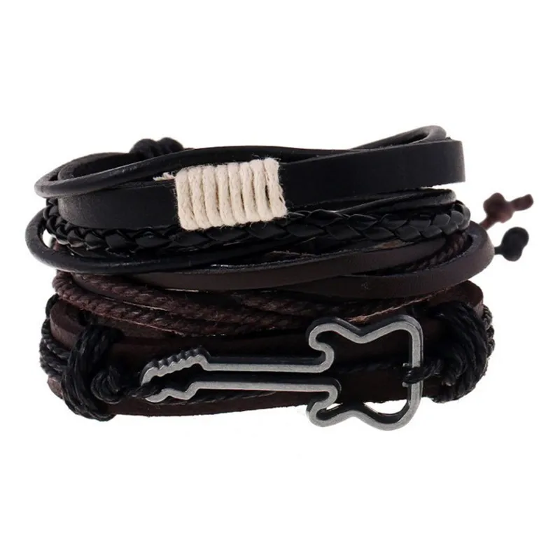 

3pcs set Vintage Simple Mens Multilayer Braided Cowhide Leather Wrap Bracelet Guitar Leather Bracelet, As picture