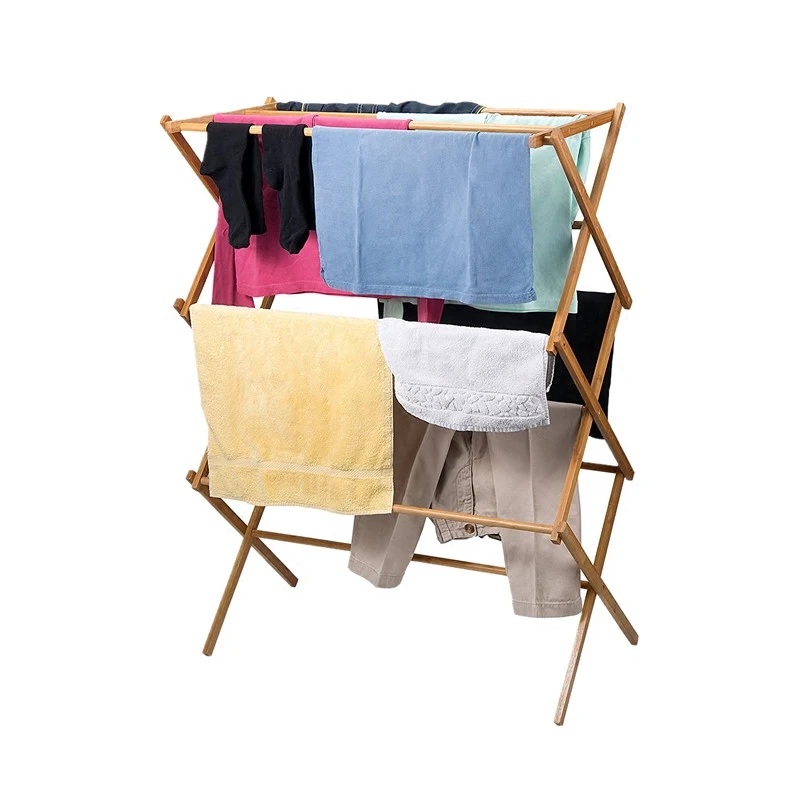 

Floor folding bamboo wood balcony towel rack clotheshorse, Natural bamboo color