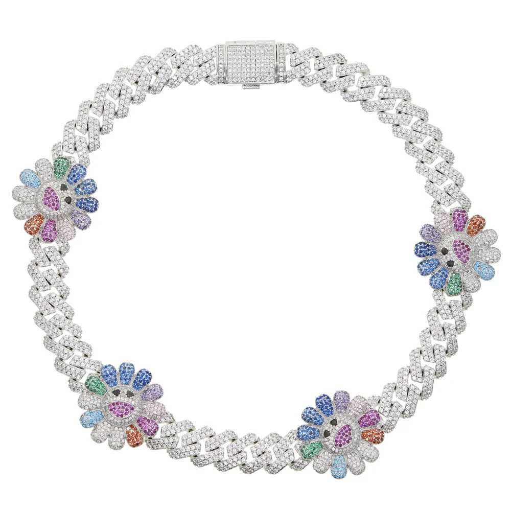 

4pc sunflower charm rainbow colorful cz choker necklace Iced out bling 5A cubic zirconia women gift cuban link chain jewelry, Black