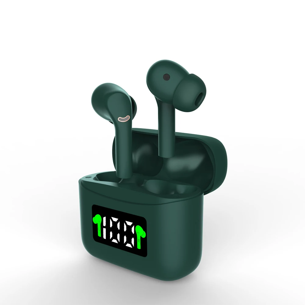 

J5 TWS 2021 private label design led power display fingerprint touch truely wireless earbuds noise cancellation earphone, 3 colors black/white/green