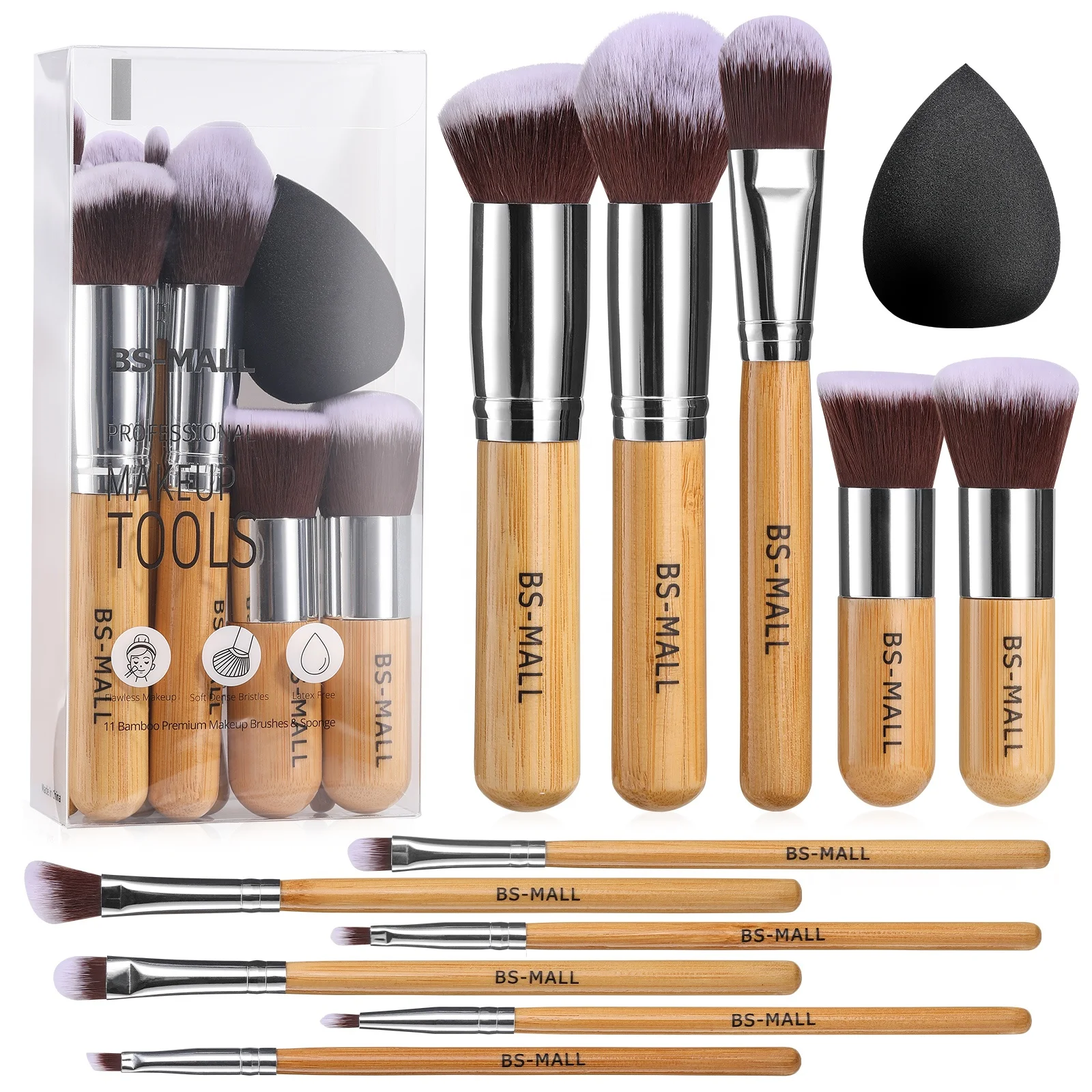 

BS-MALL 11PCS Vegan Bamboo Brushes Makeup Private Label Eco-Friendly Synthetic Face Cosmetic Make up Brushes Makeup Sponge Set