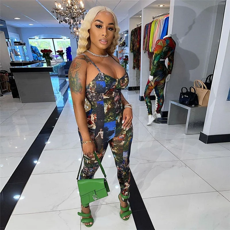 

2021 New Wholesale Women Casual Sports Sexy High Waist Bodycon Halter Neck Color Print One Piece Jumpsuit