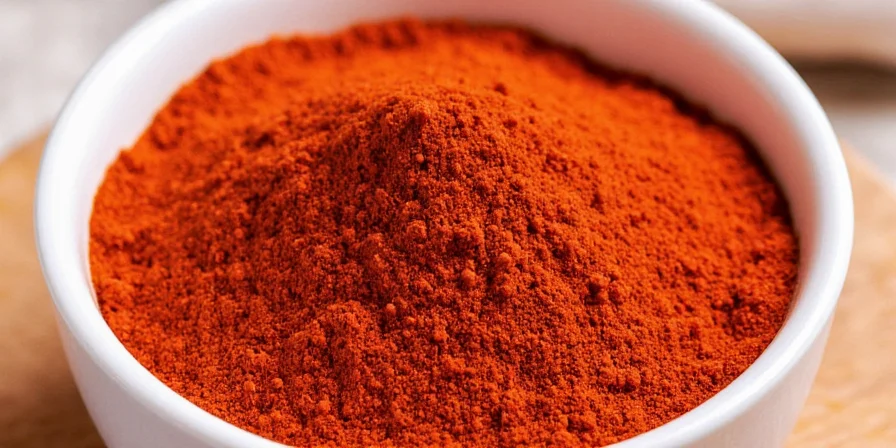 Bowl of red harissa paste on wooden table