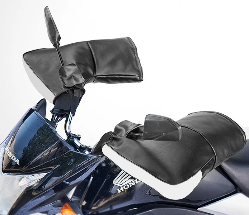 

Motorcycle Gloves Cotton Handle Cover Winter Battery Motorcycle Thickened Handguard Waterproof Windproof warm PU leather for men, Black