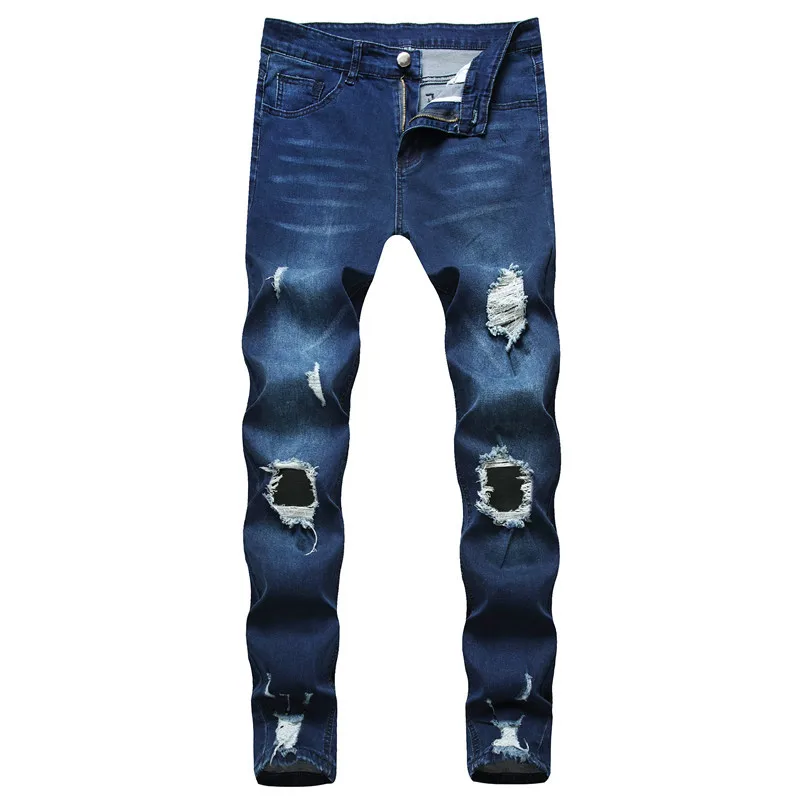 

2021 New arrival stylish jeans men casual straight distressed breathable solid hole ripped mens pants skinny jeans trousers
