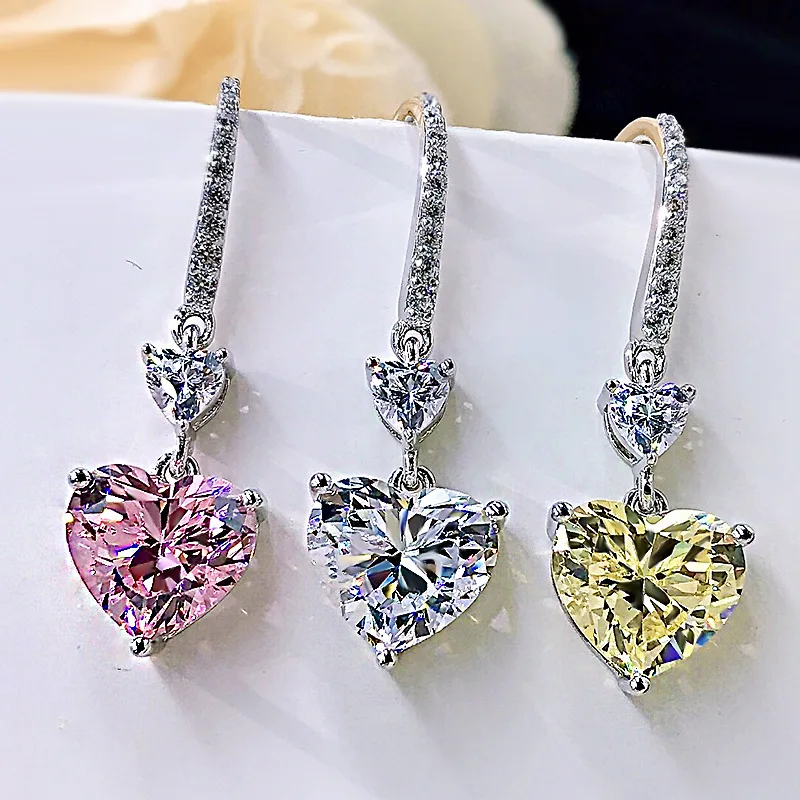 

S925 Silver Women Earrings High Carbon Diamond Heart Hook Earrings Pink White Yellow Diamond Jewelry Earrings, Colorful