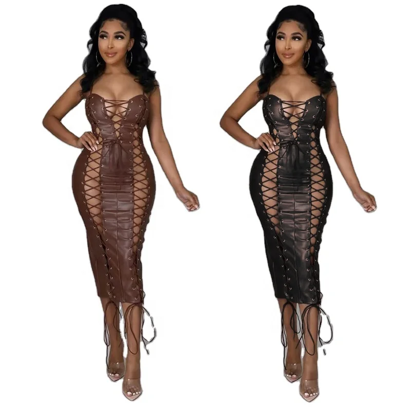 

2022 New Arrivals S-5XL Sexy A Line Plus Size Leather Dress Hollow Out Strapless Eyelet Lace Up Back Zip Slit Midi Women Dress