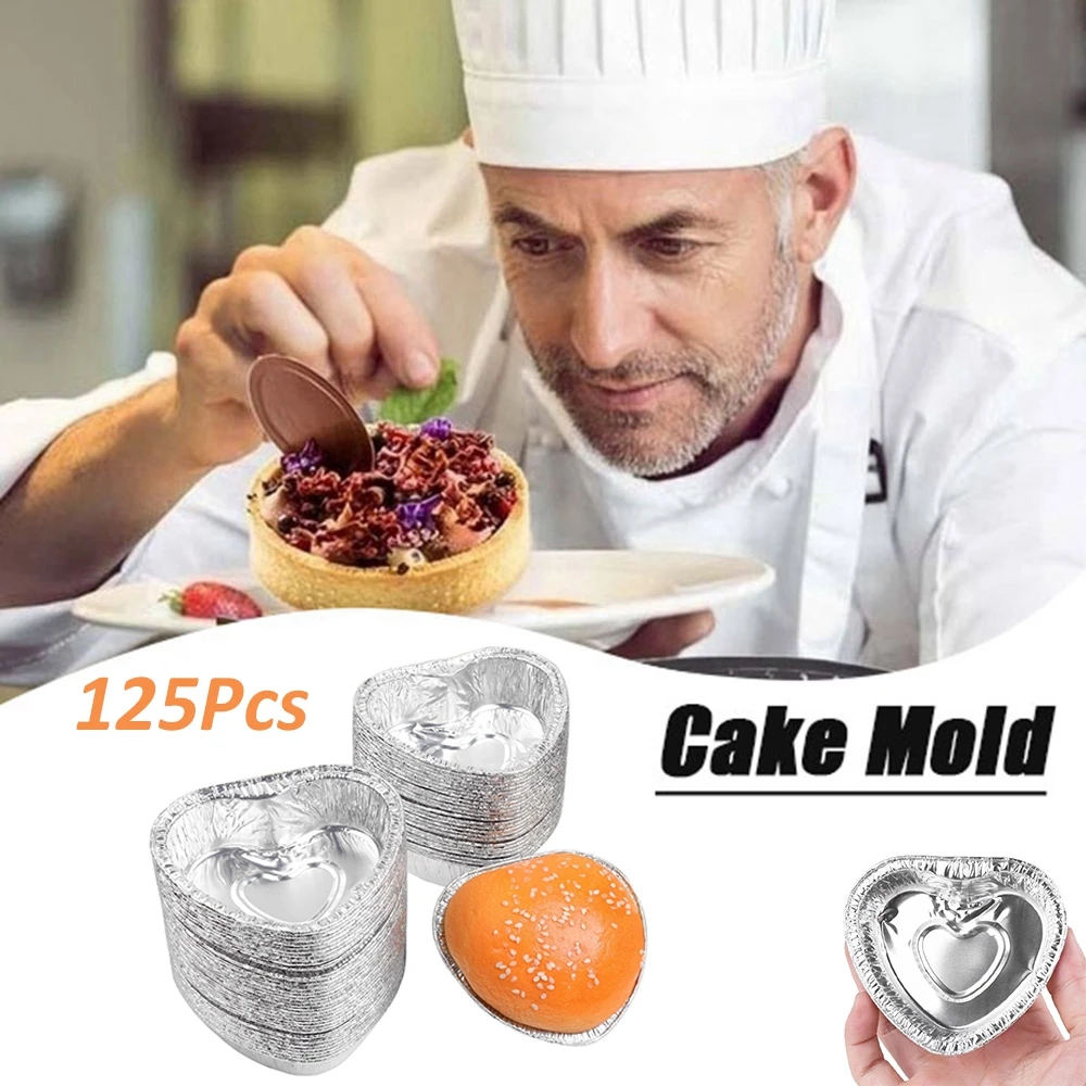 

125Pcs Aluminum Foil Heart Shape Cake Baking Mold Pan Tin Mold Tray Bakeware Cake Mold, Silver