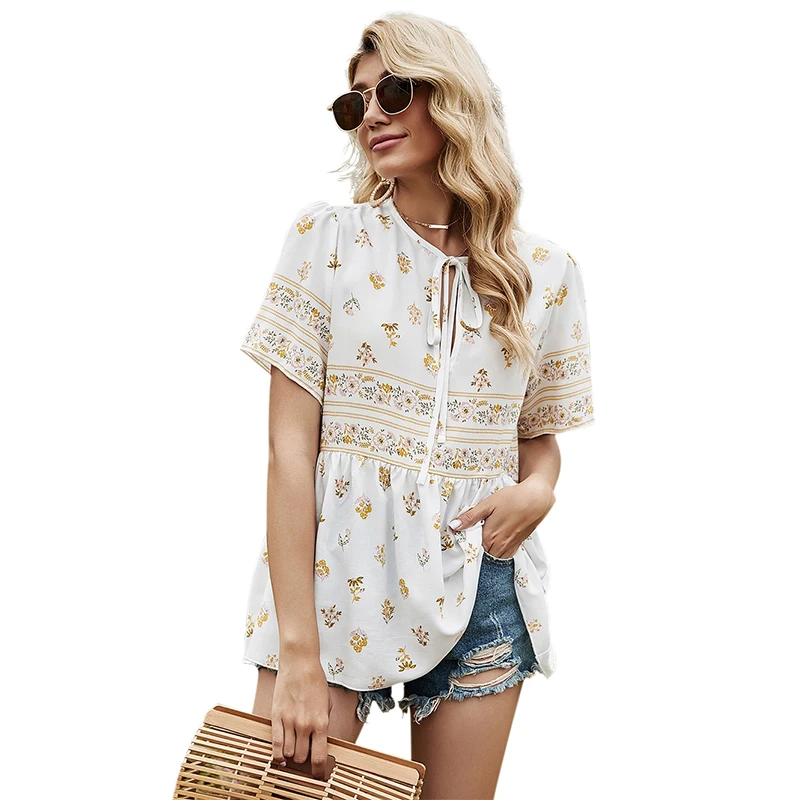 

Ladies Fashionable Short Sleeve Loose Design Top Floral Printed Summer Blouse