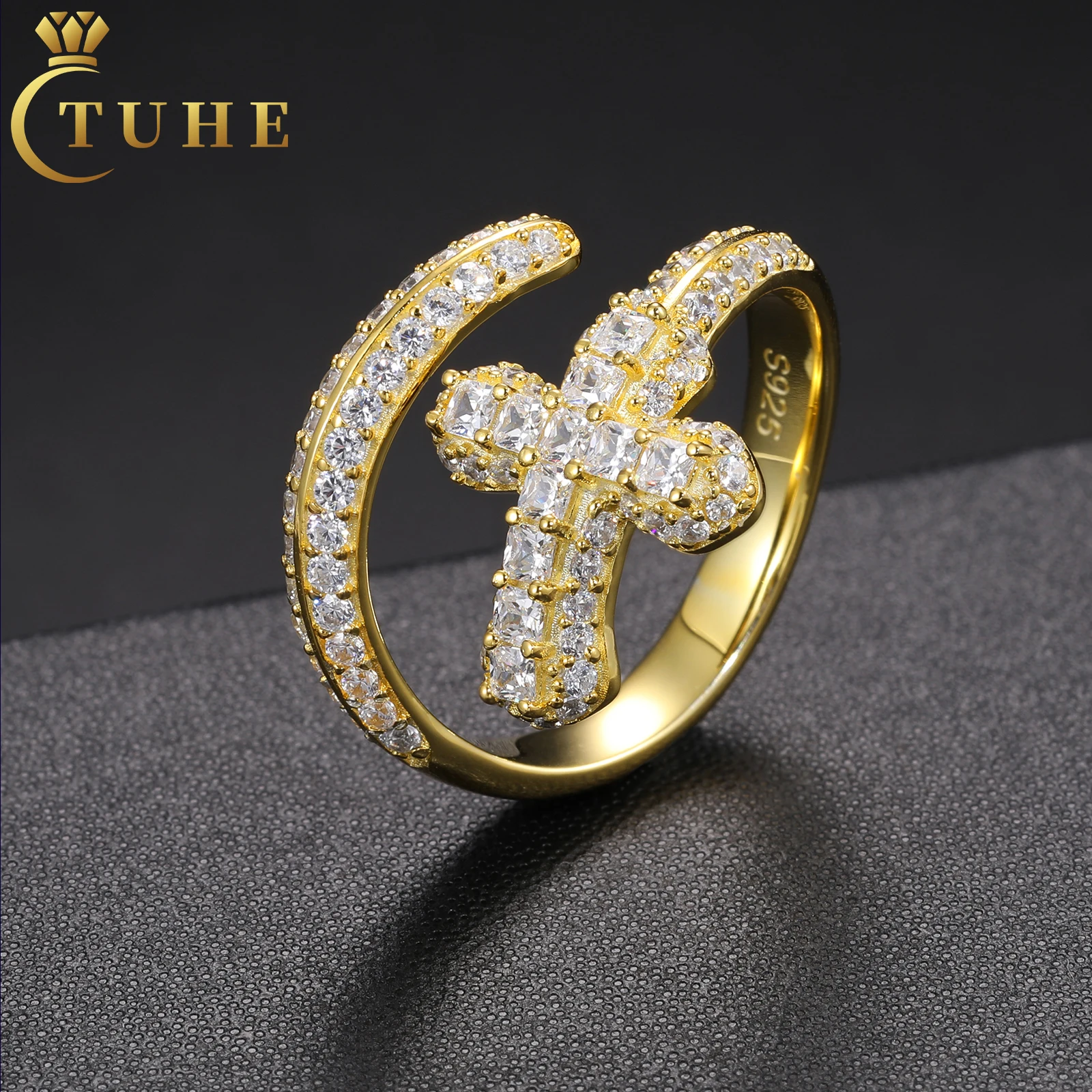 

Unique Design 18K Gold Plated 925 Sterling Silver VVS Moissanite Diamond Iced Out Sword Cross Ring Hip Hop Jewelry For Men