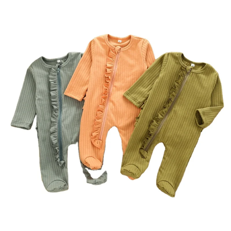 

Infant Toddler Clothes Boys Girls Ruffle Ribbed Cotton Jumpsuits Footed Baby Romper, Photo showed and customized color