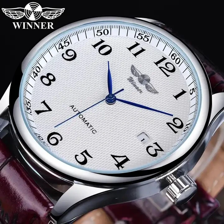 Winner 2023 New Luxury Retro Classic Design Calendar Brown Belt Blue Hands Men's Fashion Automatic Mechanical Watches