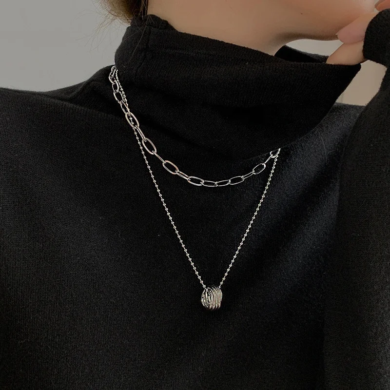 

AIMGAL Multi-layered necklaces geometric round pendants chains fashion sweater chains niche design