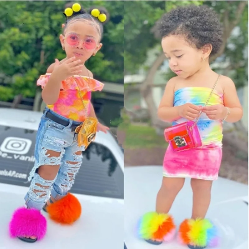 

Wholesale lil girl big fur slides with purse, Customized color