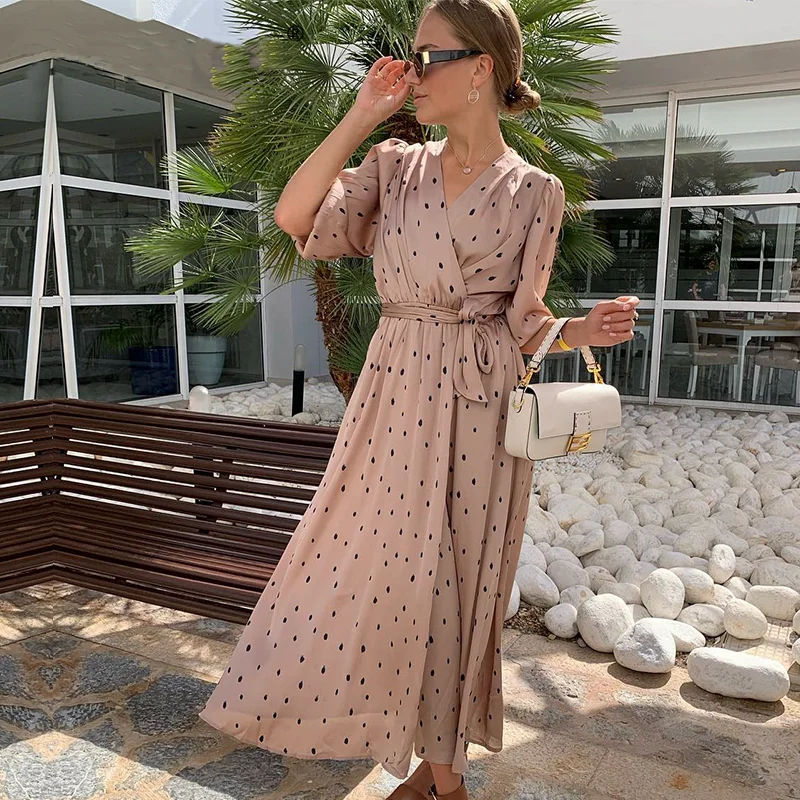 

Polka Dot Bubble Sleeve Skirt V Neck High Waist Lace Slit Mid-Long Dress Summer 2021 New Style, Khaki