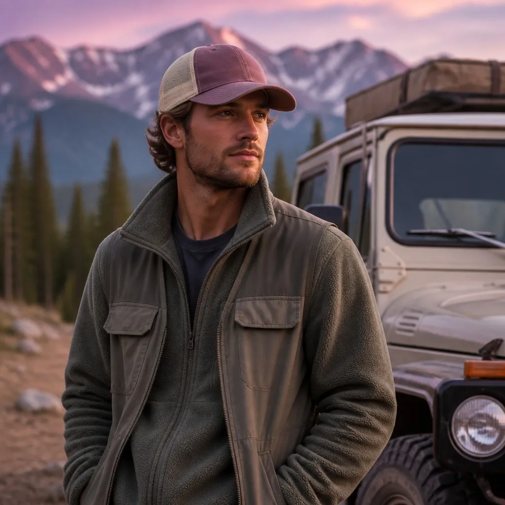 Outdoor Explorer in Front of Overland 4x4 Vehicle with Snow-Capped Mountain Backdrop Wearing Trucker Cap