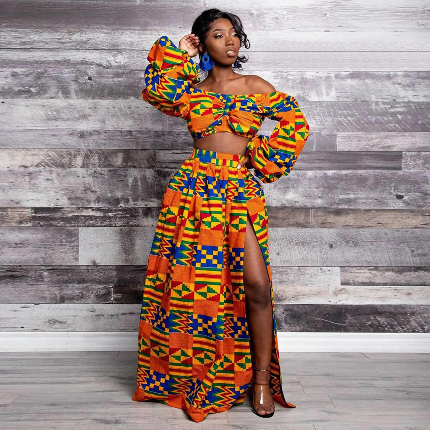 

african design skirt and top set for woman manufacturer best selling african print top and skirt, Blue, orange, white
