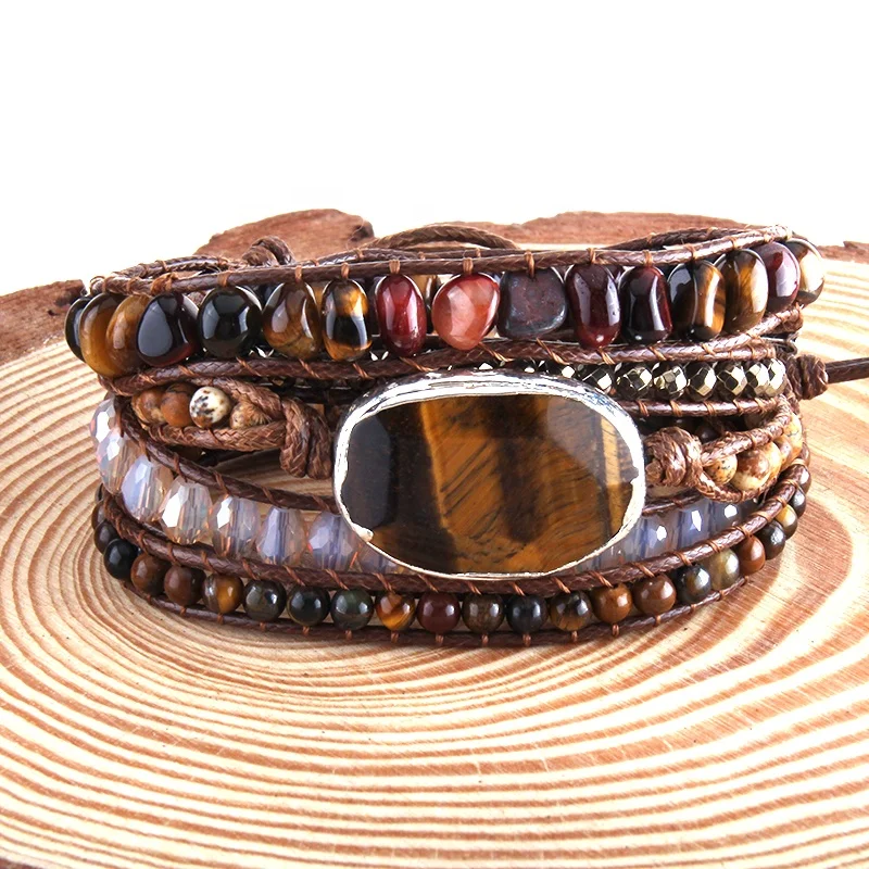 

Women Gift New Designer Fashion Tiger Eye Boho Bracelet Handmade Mixed Natural Chip Stone Charm 5 Strands Wrap Bracelets