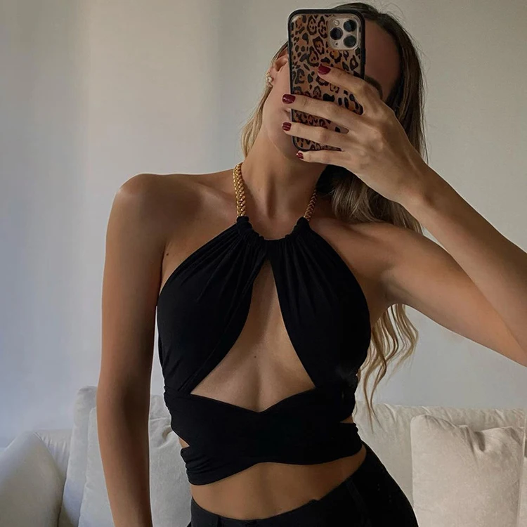 

Women Clothing New Arrivals Hollow Out Cross Halter Top Lace Up Backless Black Sexy Womens Crop Tank Top With Chain