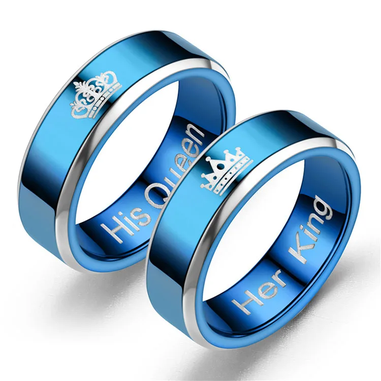 

Fashion Desgin Titanium Stainless Steel Her King and His King Crown Design Ring, Blue or custom