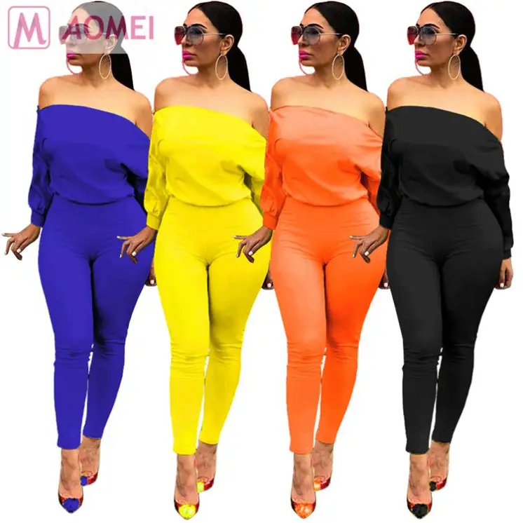 A2101 new stylish solid color double zipper neck long sleeve one piece off-shoulder women jumpsuits