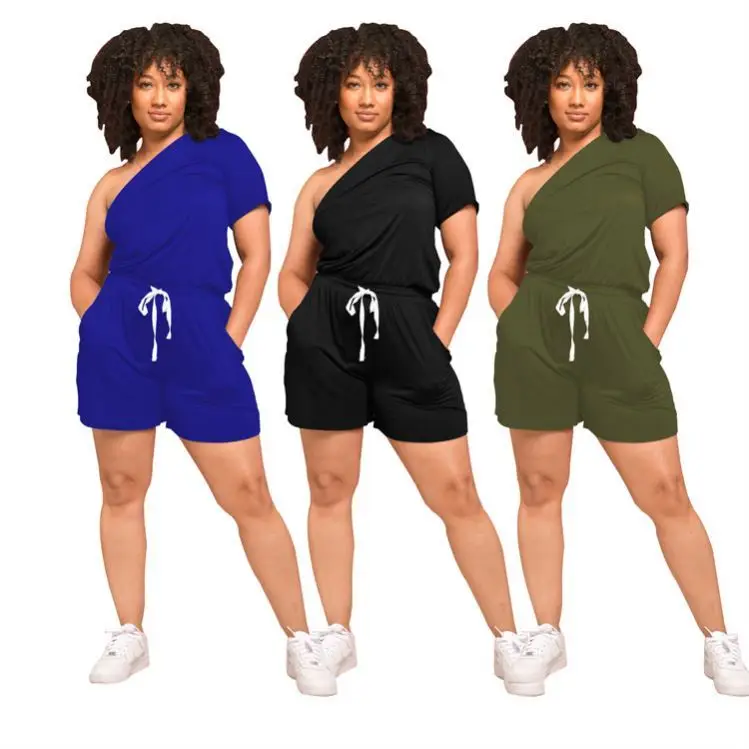 

MISS New Arrival One Shoulder Short Sleeve Solid Color Drawstring Waist Summer Casual Short Rompers Women Jumpsuits