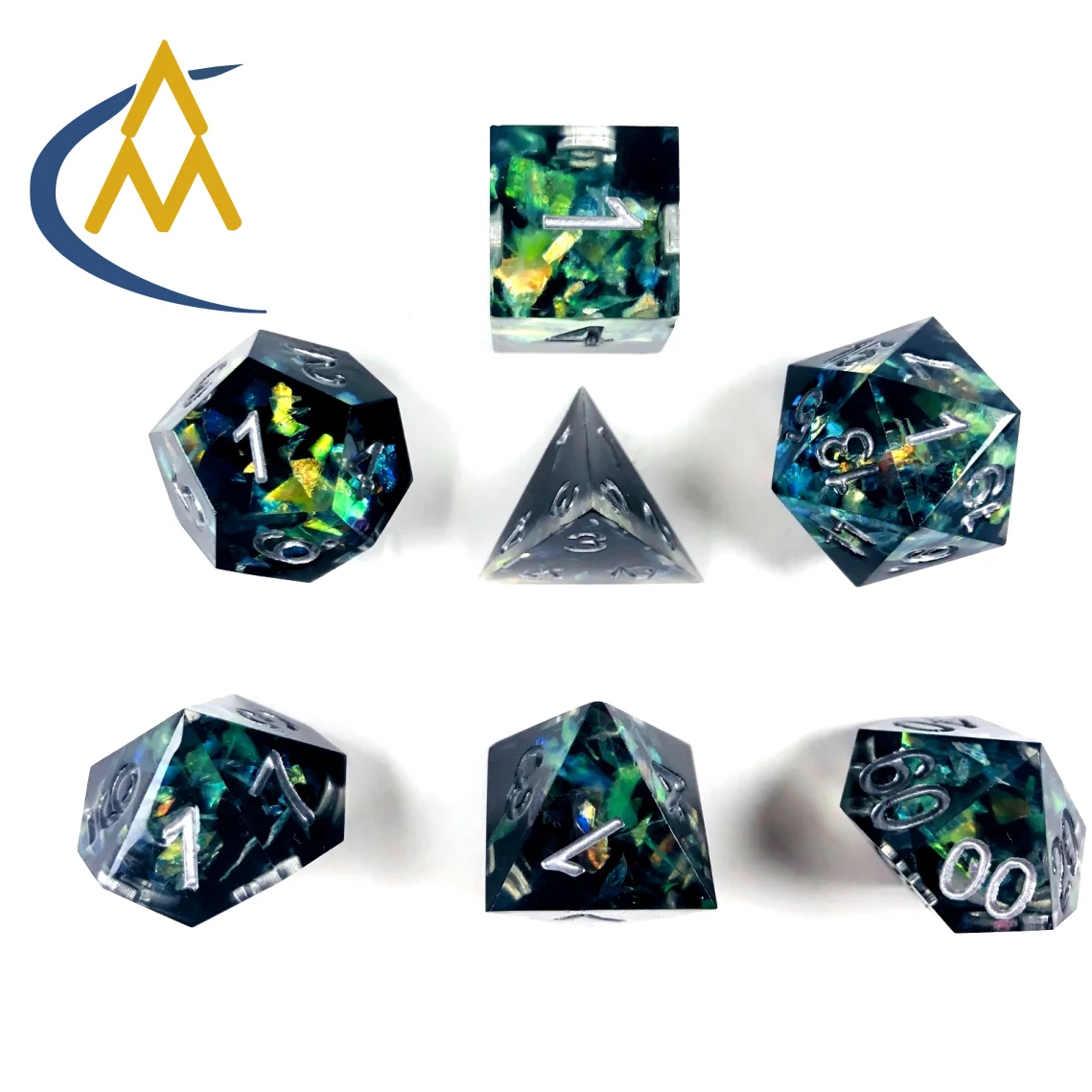 

Custom Sharp Edge precision polyhedral submarine dice used in Dungeons and Dragons game