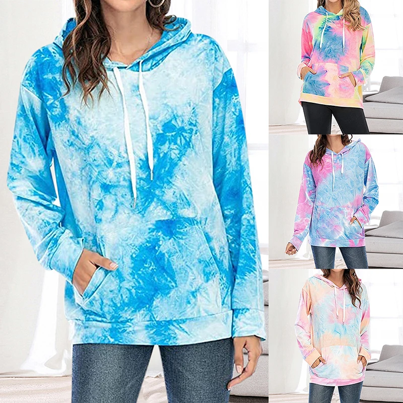 

Women Fashion Printed Tie-Dye Pocket Hooded Loose Sweatshirt women printed long sleeve sweater 2021 hot sell