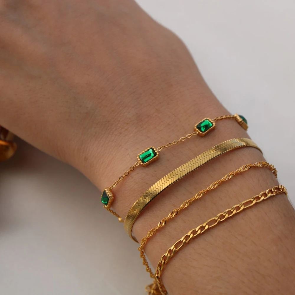 

Minimalist Green Zircon Bracelet Herringbone Band Twist Bracelet Figaro Chain Emerald Charms Bracelet