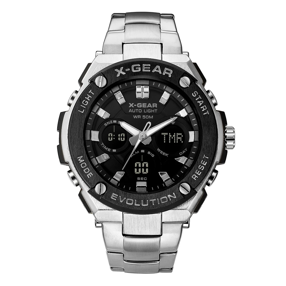 XGEAR chronograph LED waterproof custom brand stainless steel digital watch sport men wrist watch
