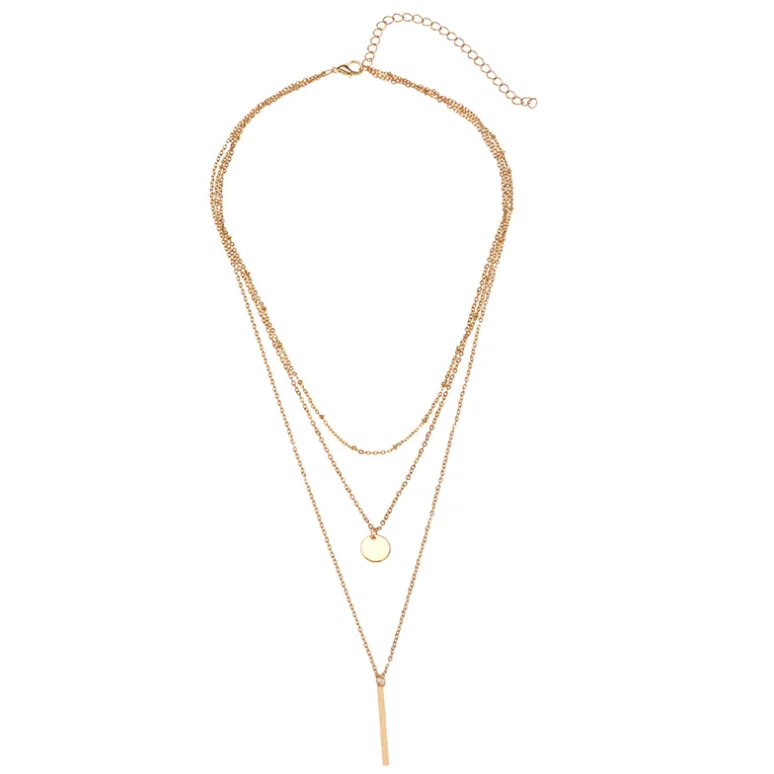 

Three Layer Chain Choker Layered Round Charm Necklace Gold For Women, Picture shows