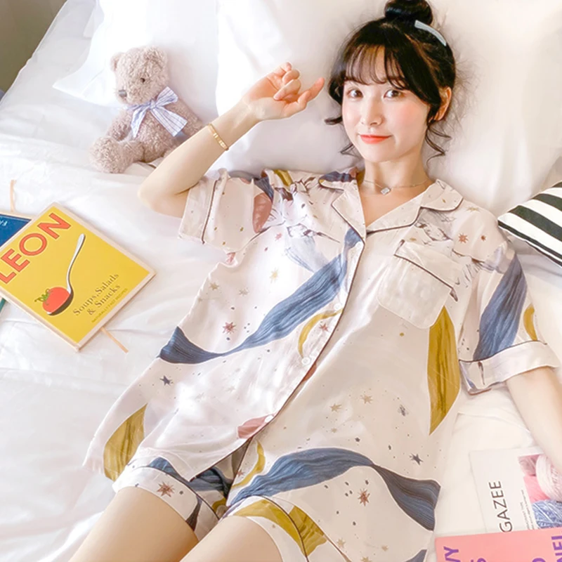 

JULY'S SONG Summer Shirts Short Pants Sleepwear Printed Short Sleeve V Neck Leisure Pajamas Set For Women Viscose Night Wear