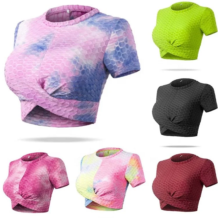 

Jacquard tight sport gym fitness sexy women yoga t shirt crop top