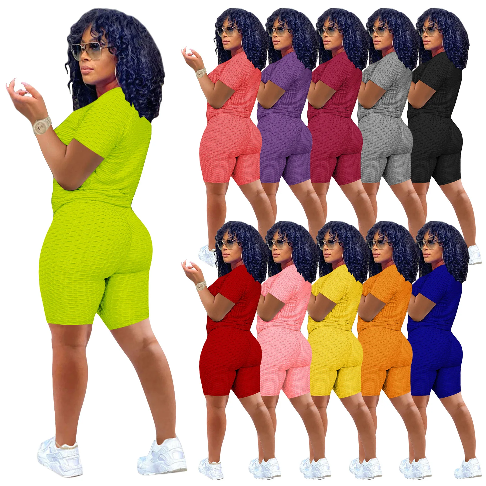 

Summer Women Thin Stretch Tracksuit Sport Womens Bodycon Solid Color Pieces Outfits Two Piece Set, Picture