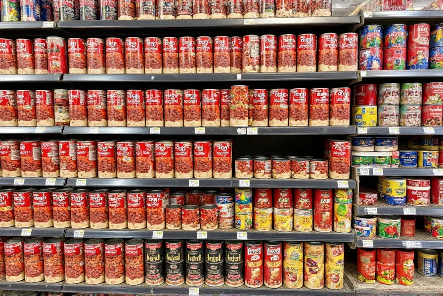 Walmart store aisle showing canned chili products arranged on shelves with Great Value branding visible