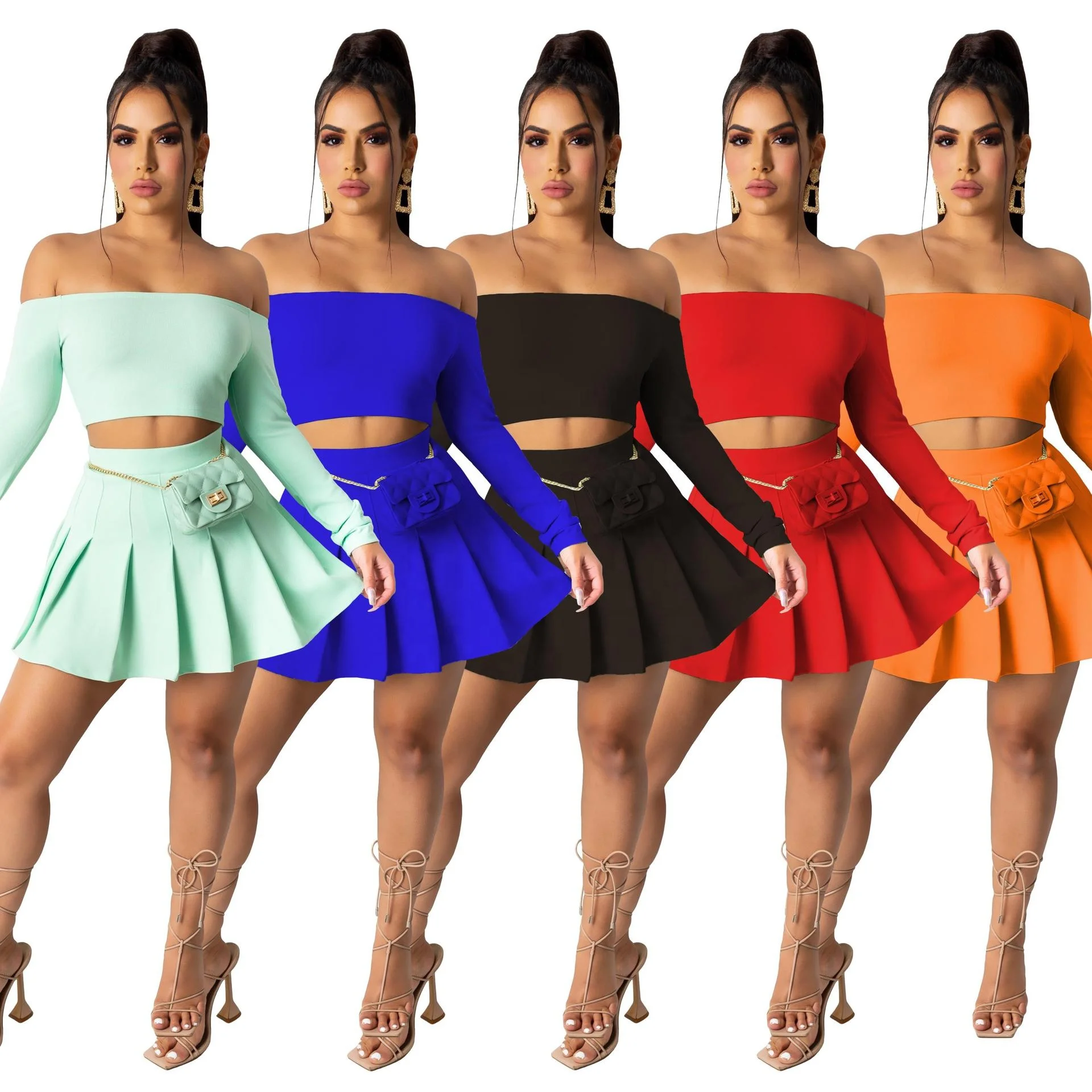 

KX-M7426 Best selling summer long sleeve off shoulder 2 piece set black pleated mini fashion skirts for women