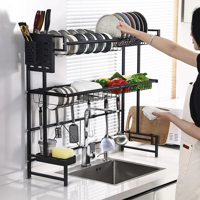 

Stainless Steel Kitchen 2 Tier Dish Rack Sink Drying Rack Black Bowl Storage Shelving Over the Sink Dish Draining Rack