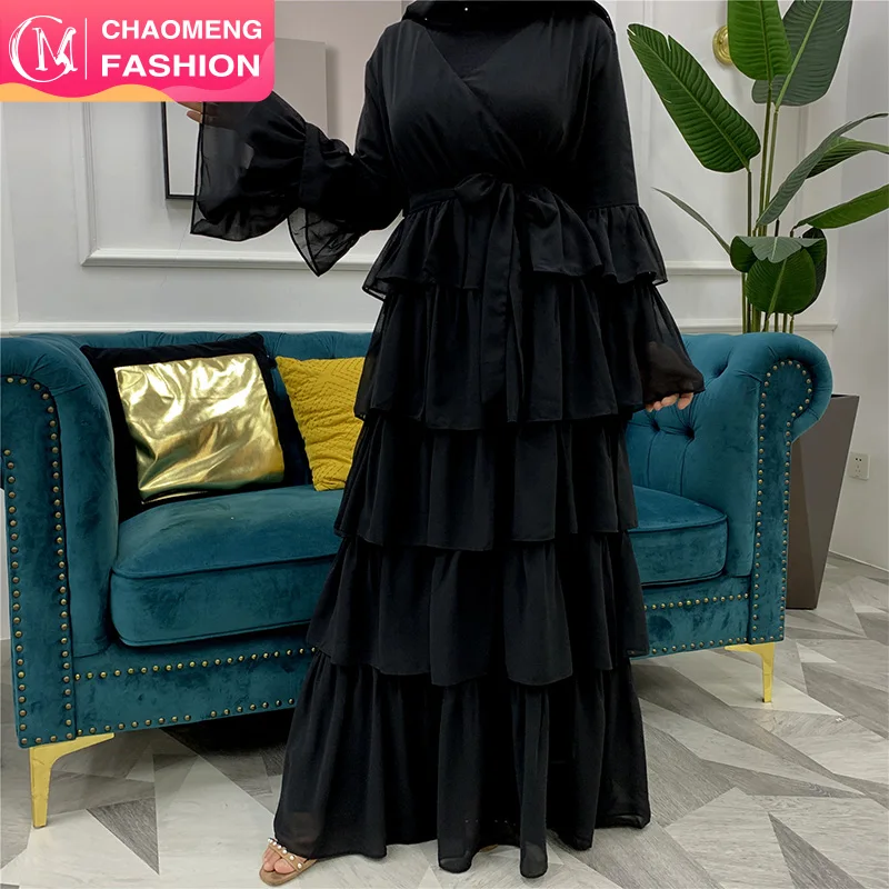 

6132#High-Waisted Lightweight Chiffon V-Neck Dress Cascading Ruffles Women Dress Black Ultra-feminine Maxi Dress