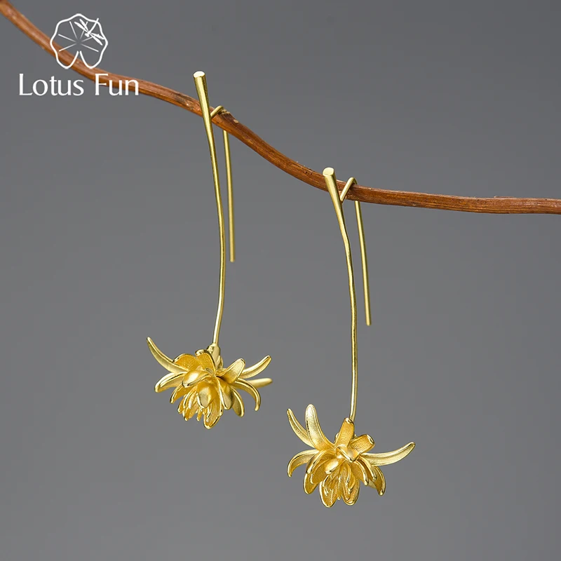 

Lotus Fun 18K Gold plating Night Blooming Cereus Flower Long Dangle Earrings for Women 925 Sterling Silver Luxury Fine Jewelry